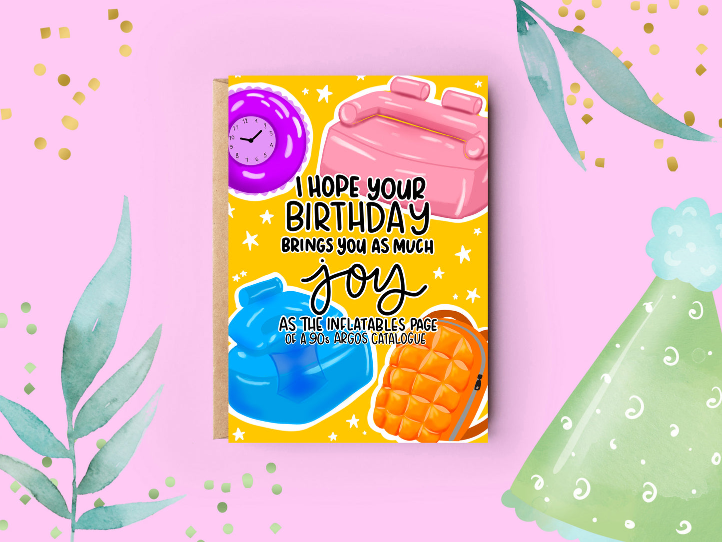 a yellow card with white stars and illustrations of plastic inflatable furniture, clock and backpack - it says 'i hope this birthday brings you as much joy as the inflatables page of a 90s argos catalogue'