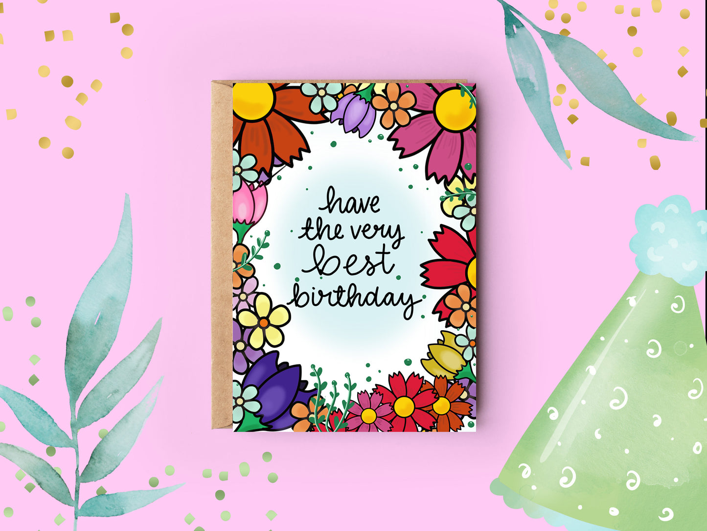 a white card with floral illustrations around the edges and 'have the very best birthday' written in black over a faded blue circle