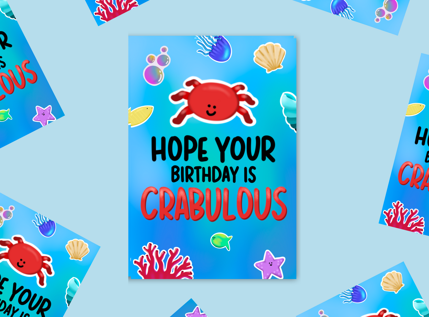 a blue birthday card with a cartoon crab