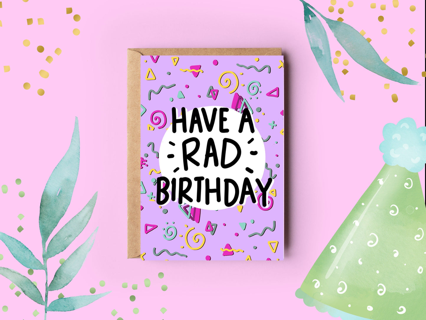 a purple card that says 'have a rad birthday', surrounded by 90s style swirls, triangles and wavy patterns
