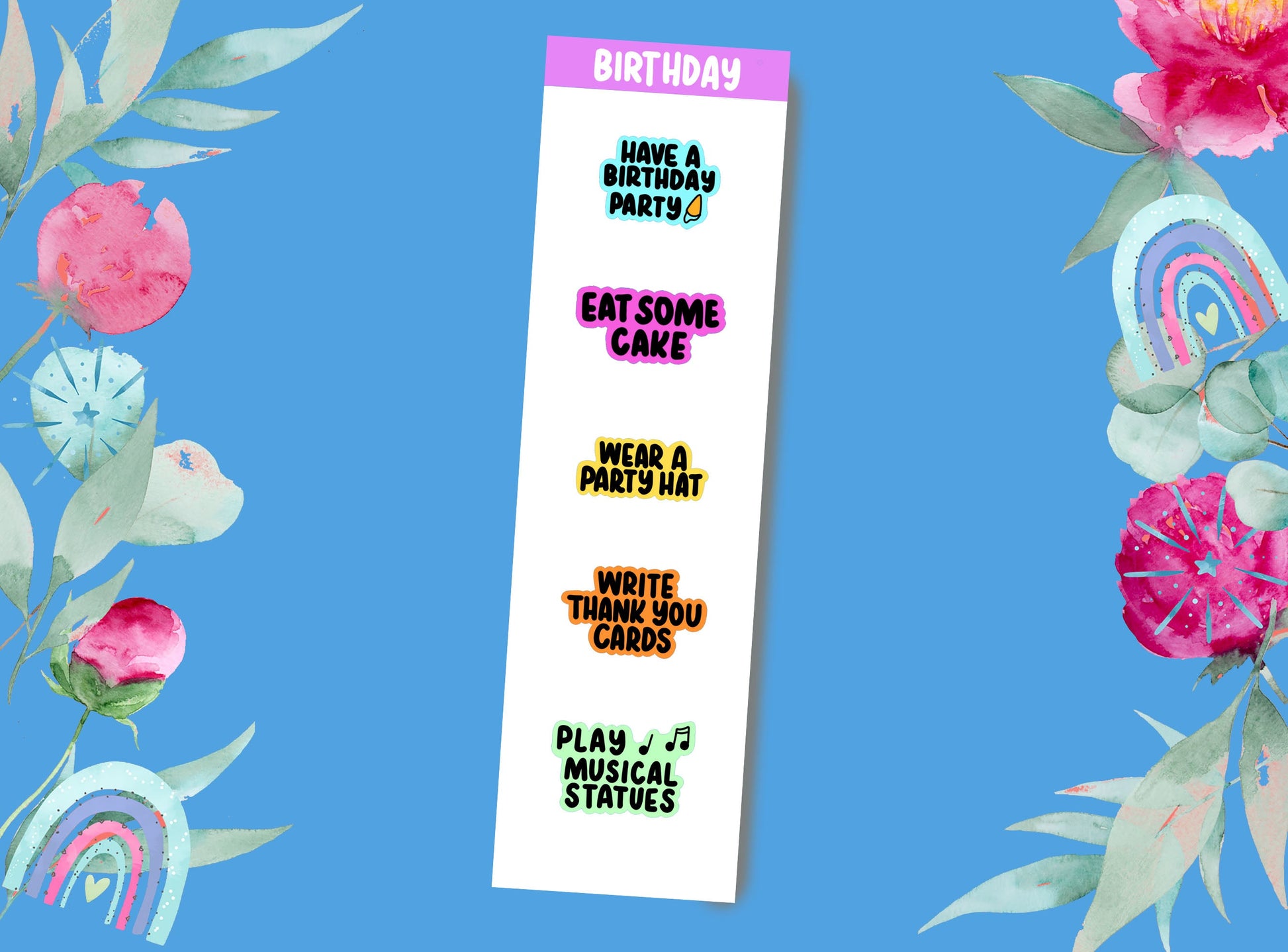 a thin sticker sheet with a 'birthday' theme for the summer holiday bucket list - the stickers are 'have a birthday party', 'eat some cake', 'wear a party hat', 'write thank you cards' and 'play musical statues'